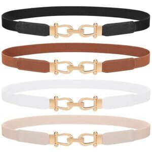 Womens Skinny Elastic Belt 4 Pack Gold Buckle Stretch Waist